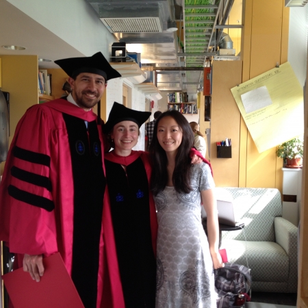 Graduation 2015: Nick Schade, Sofia Magkiriadou, and Victoria Hwang in the lab office (May 28, 2015. photo credit V. R. Horowitz)