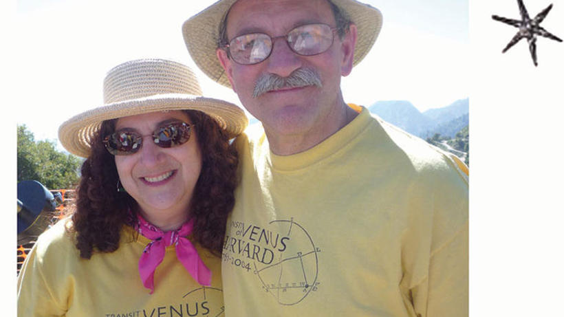 Ken and Sara at Transit of Venus on Mt Wilson, 5 June 2012, wearing our T-shirts from the Harvard event in 2004.